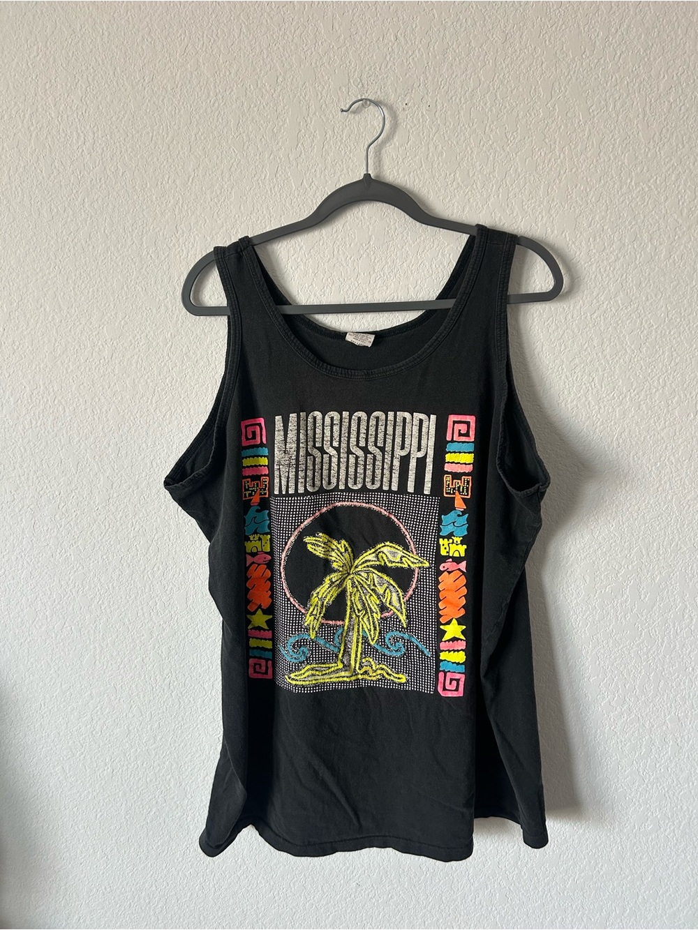 Vintage 80s 90s Mississippi Neon Palm Tree Tank Top XXXL